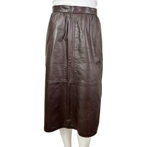 80s West Bay Leather Skirt Women's Size X-Small Brown Midi Snap Zip Pockets EUC